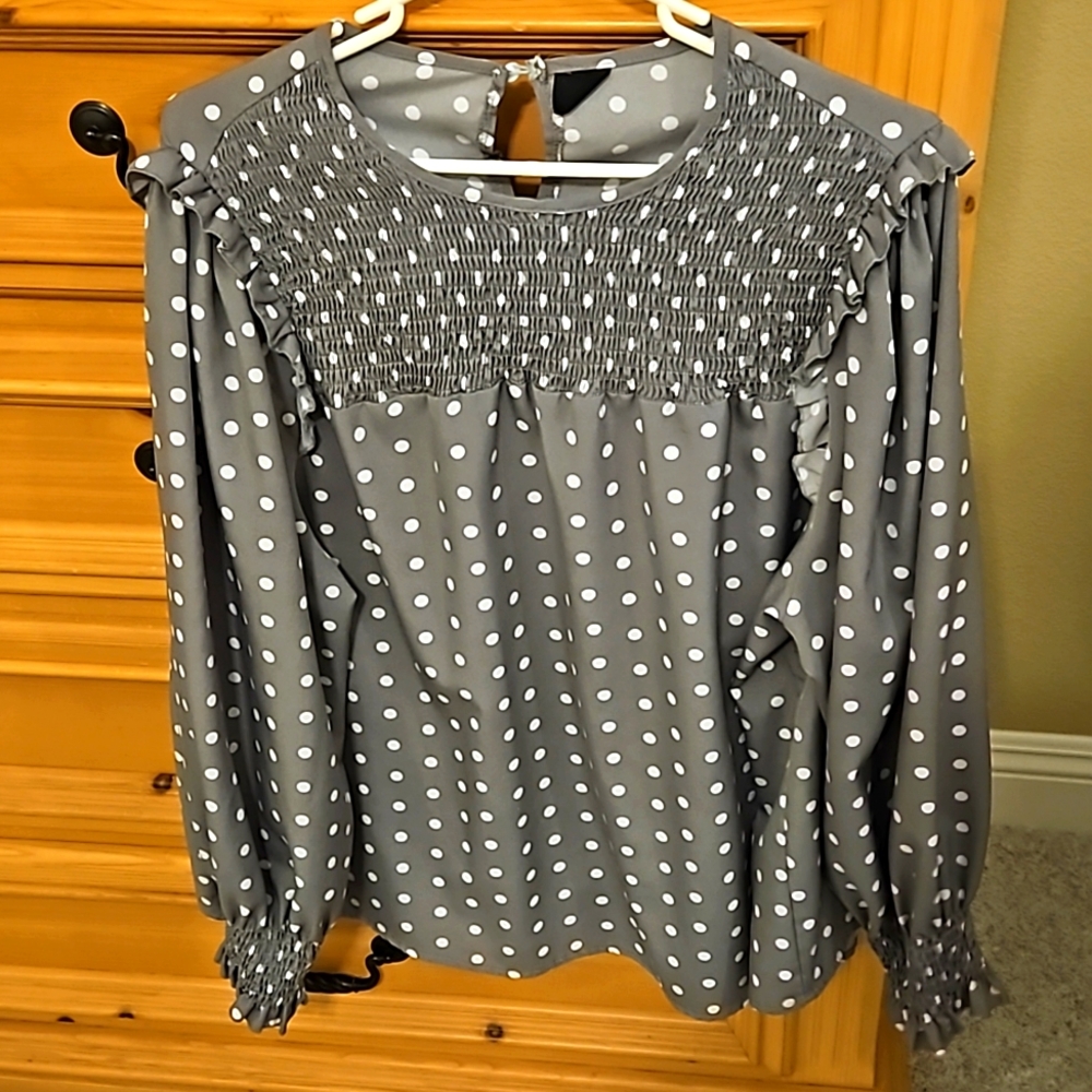 Gray and white polka dot blouse
